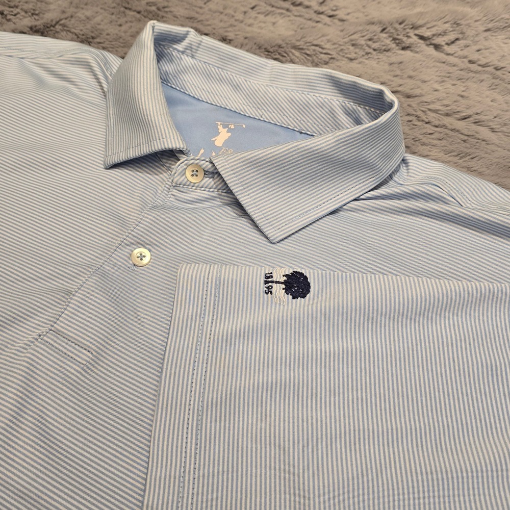 F&G Tech Mens Golf Polo Shirt 2XL Blue White Micro Stripe Performance Stretch‎
